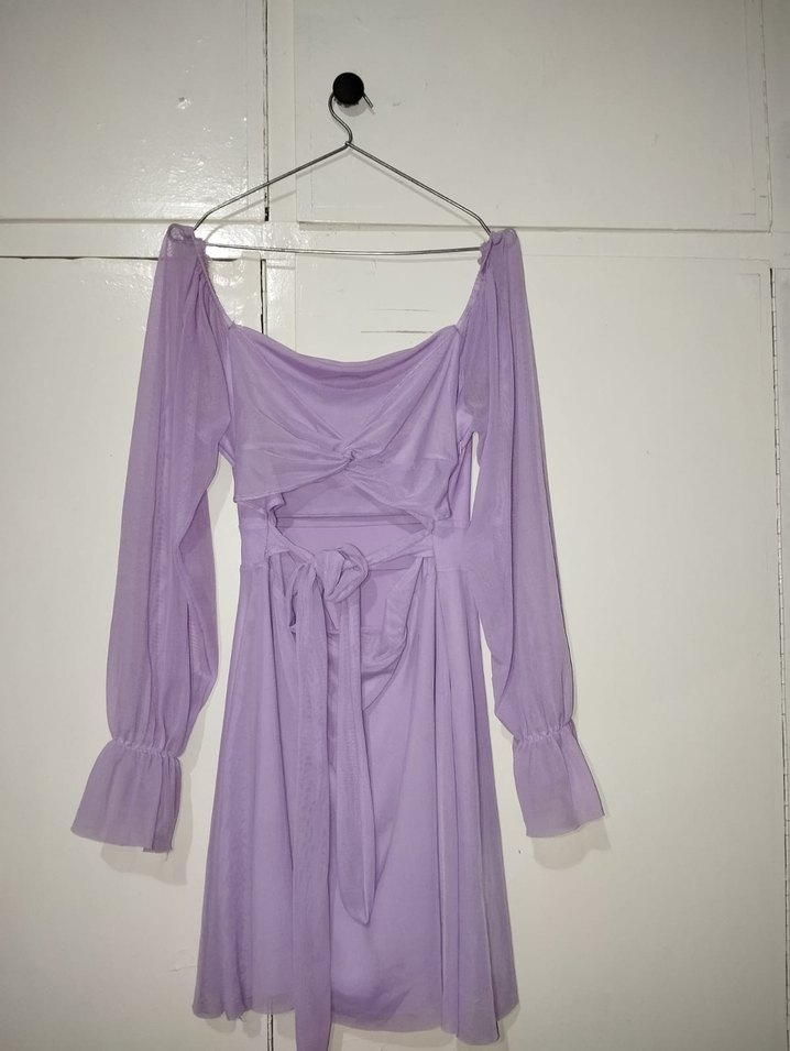 Uzun Kollu Mor Elbise - Görsel 4