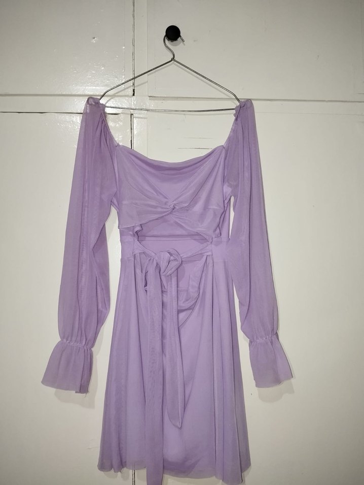 Uzun Kollu Mor Elbise - Görsel 5