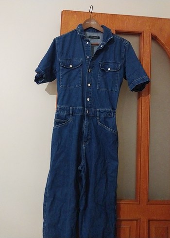 Kadın Lacivert Kısa Kollu Denim Tulum - Görsel 3