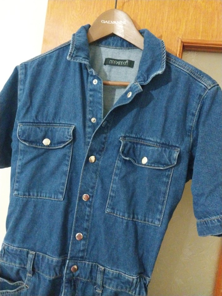 Kadın Lacivert Kısa Kollu Denim Tulum - Görsel 2