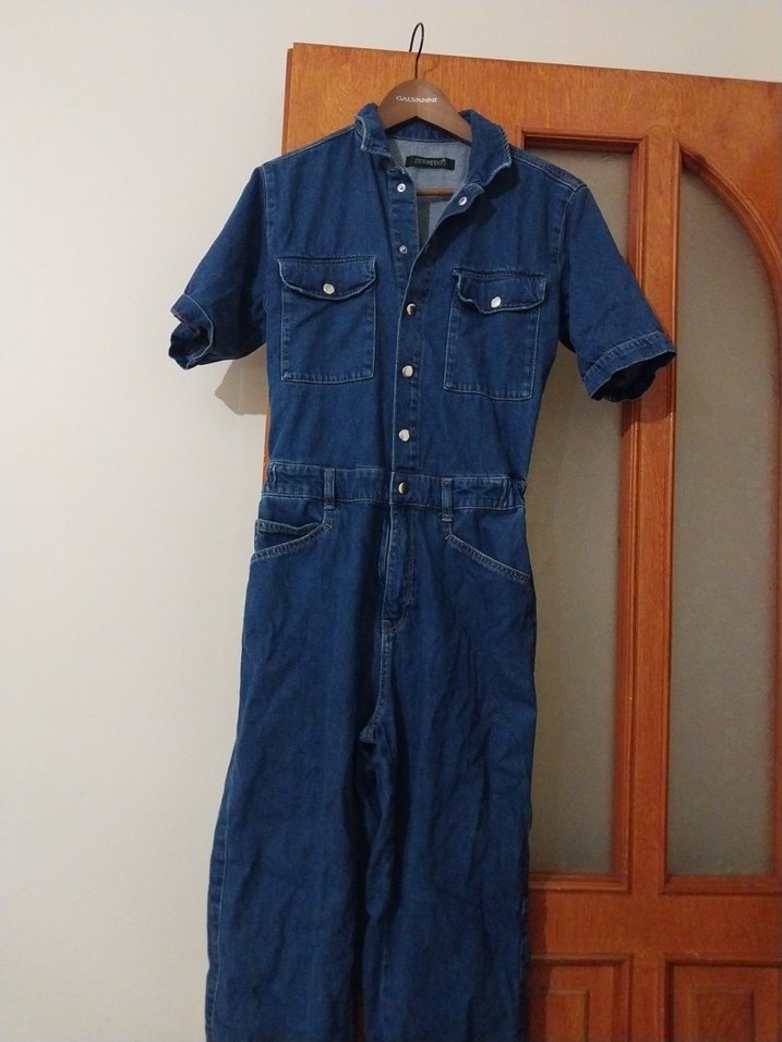 Kadın Lacivert Kısa Kollu Denim Tulum - Görsel 3