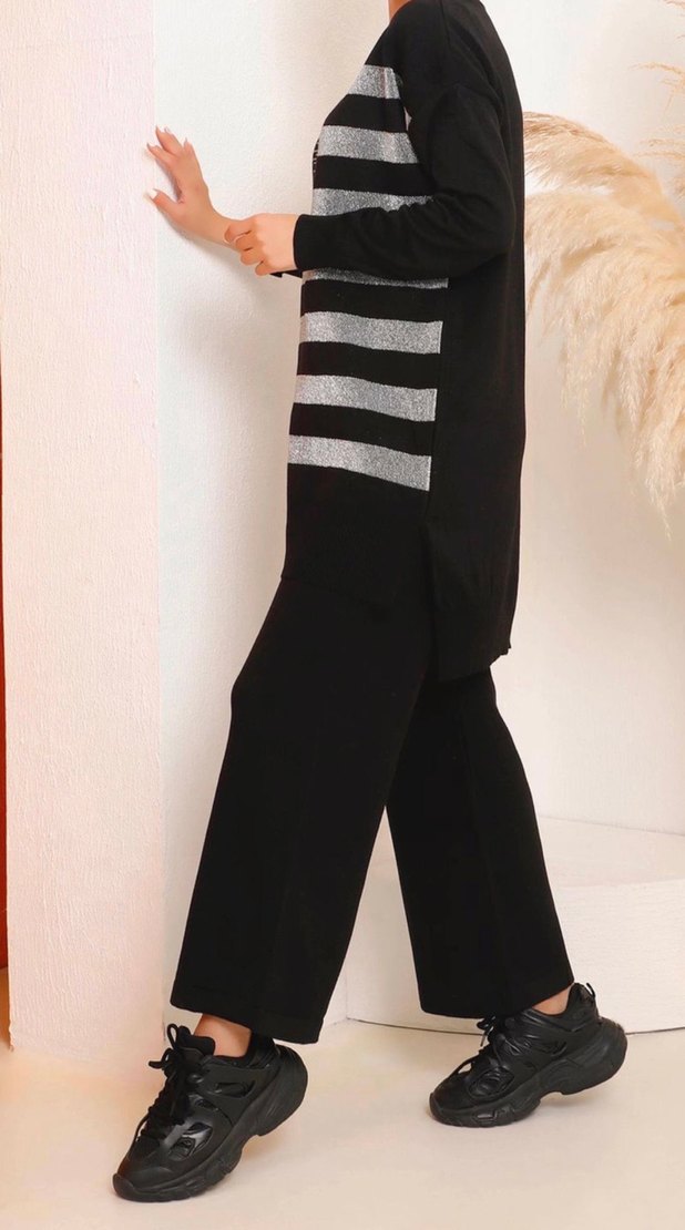 Siyah Simli Desenli Pantolonlu Triko Takım - Görsel 3