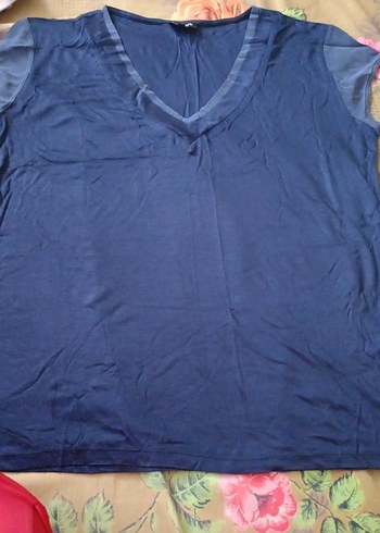 Mavi V Yaka Keten Kadın Tişört - Görsel 2