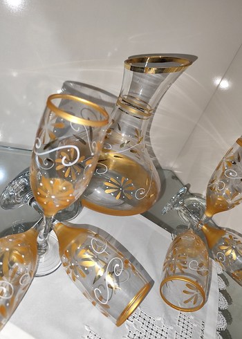 Altın Detaylı İnce Cam Sürahi ve Kadehler çeyizlik - Görsel 3