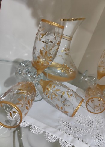 Altın Detaylı İnce Cam Sürahi ve Kadehler çeyizlik - Görsel 5
