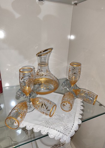 Altın Detaylı İnce Cam Sürahi ve Kadehler çeyizlik - Görsel 2