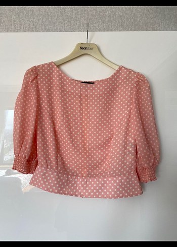 Puantiyeli Pembe Kısa Kollu Bluz - Görsel 3