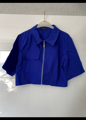 Mavi Kısa Kot Gömlek Fermuarlı - Görsel 2