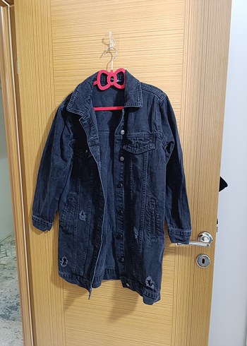 Gri Uzun Kadın Denim Ceket - Görsel 5