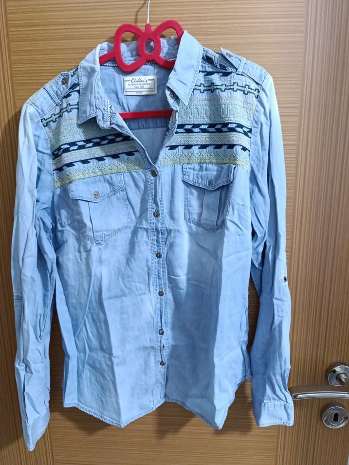 Nakışlı Gri Denim Kadın Gömlek - Görsel 3