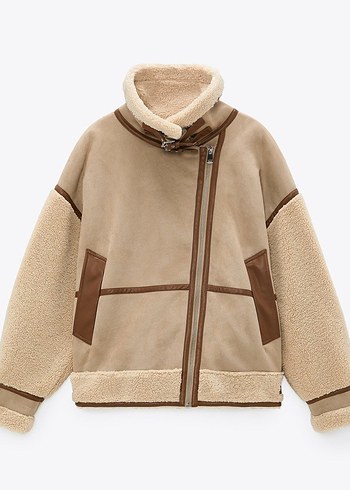 Bej Kadın Kürklü Oversize Ceket