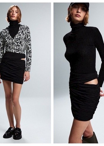 Drapeli Siyah Mini Etek - Görsel 3