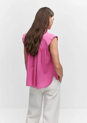 Pembe Kolsuz V Yaka Keten Kadın Gömlek - Görsel 4