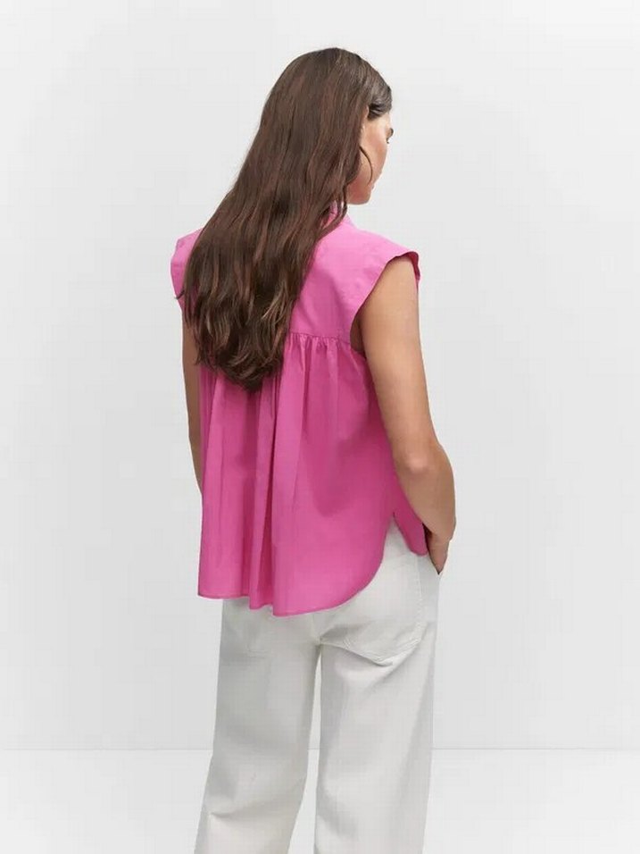 Pembe Kolsuz V Yaka Keten Kadın Gömlek - Görsel 4