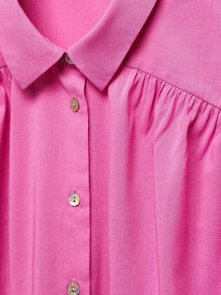 Pembe Kolsuz V Yaka Keten Kadın Gömlek - Görsel 3