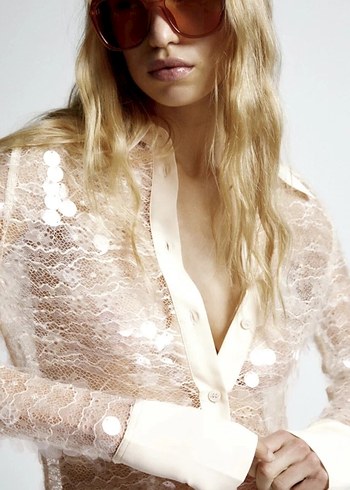 İşlemeli Şeffaf V Yaka Kadın Gömlek - Görsel 2