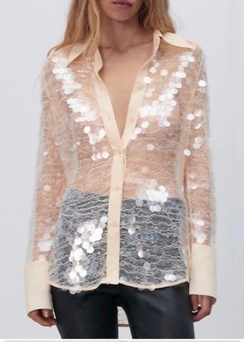 İşlemeli Şeffaf V Yaka Kadın Gömlek - Görsel 4