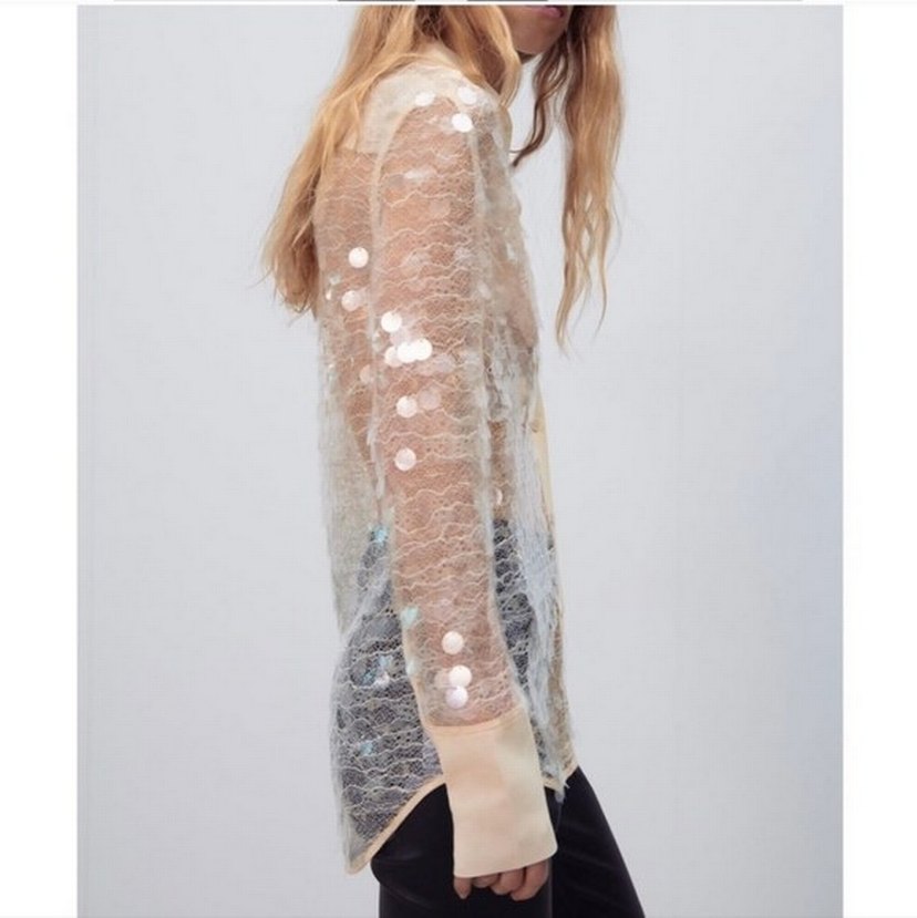 İşlemeli Şeffaf V Yaka Kadın Gömlek - Görsel 5