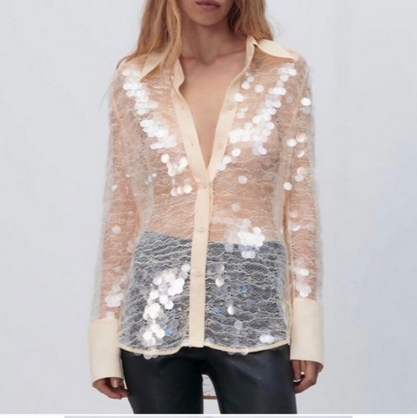 İşlemeli Şeffaf V Yaka Kadın Gömlek - Görsel 4