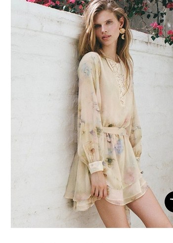 Bej Dantel Detaylı Bohem Mini Elbise - Görsel 2