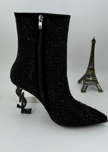 Yves Saint Laurent Siyah Parlak Taşlı Stiletto Topuklu Kadın Bot