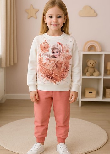 5 Yaş Beden çeşitli Renk Kız Çocuk Eşofman Altı ve Beyaz Baskılı Sweatshirt
