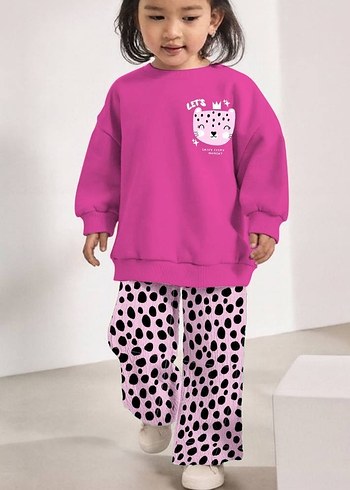 Kız Çocuk Leopar Desenli Pembe Eşofman Takımı