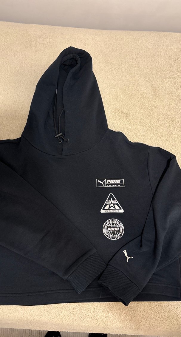 Siyah Kapüşonlu Baskılı Kadın Crop Sweatshirt - Görsel 4