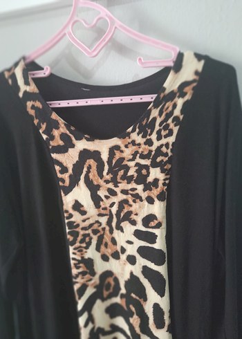 52 Beden Kahverengi Leopar Desenli Midi Bluz