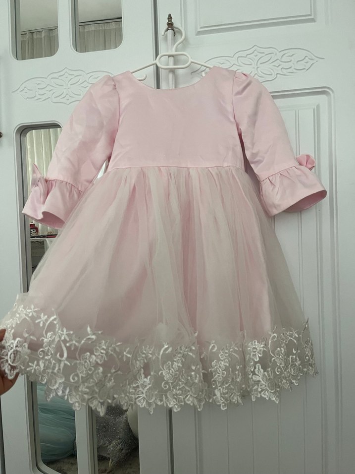 Pembe Uzun Kollu Nakışlı Kız Elbisesi - Görsel 3