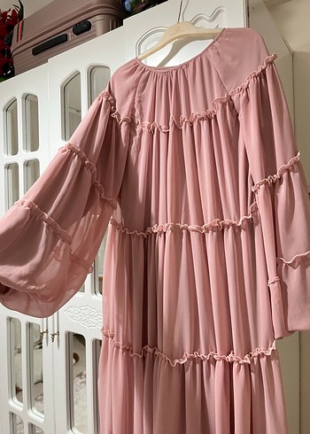 Pembe Uzun Fırfırlı Bohem Elbise - Görsel 3