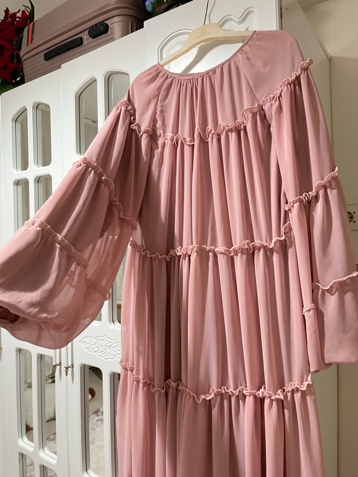 Pembe Uzun Fırfırlı Bohem Elbise - Görsel 3