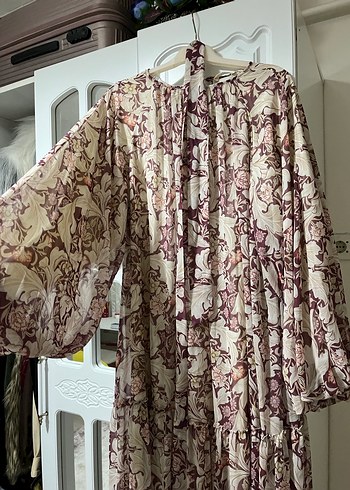 Bordo Çiçek Desenli Uzun Salaş Bohem Elbise - Görsel 2