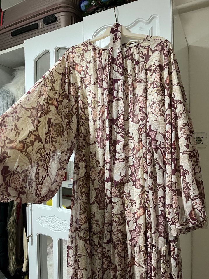 Bordo Çiçek Desenli Uzun Salaş Bohem Elbise - Görsel 2