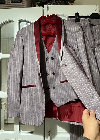 Bordo ve Gri Çizgili Erkek Takım Elbise - Görsel 4