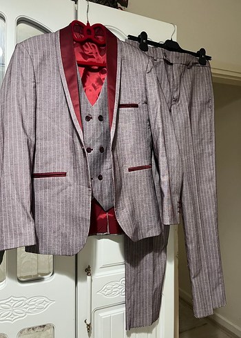 Bordo ve Gri Çizgili Erkek Takım Elbise - Görsel 3