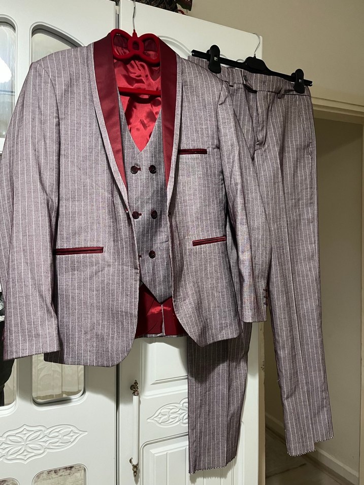 Bordo ve Gri Çizgili Erkek Takım Elbise - Görsel 3