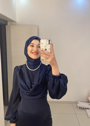 Diğer Kadın Lacivert Uzun Kol Drapeli Uzun Elbise