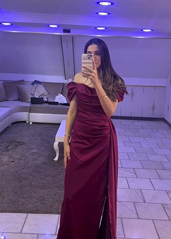 s Beden Bordo Drapeli Uzun Abiye Elbise