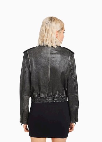 ETİKETSİZ SIFIR BERSHKA Gri Deri Kadın Biker Ceket - Görsel 3