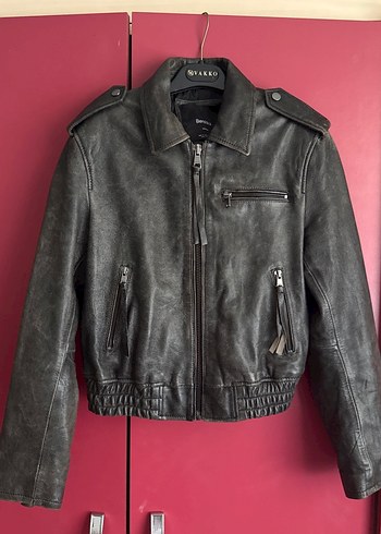 ETİKETSİZ SIFIR BERSHKA Gri Deri Kadın Biker Ceket - Görsel 4