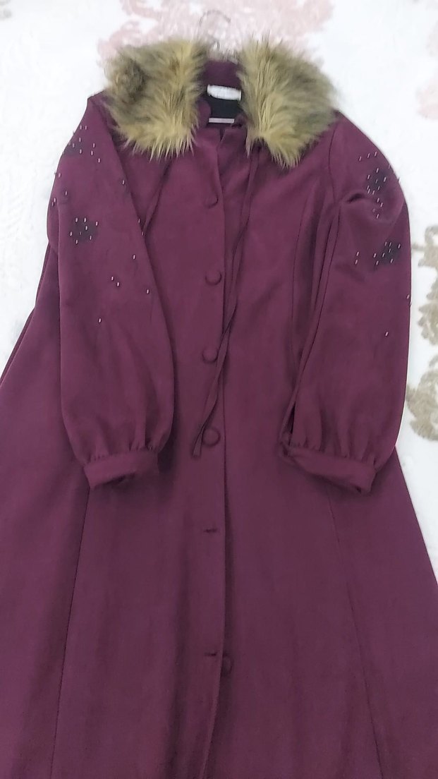 Bordo Düğmeli Uzun Kadın Kaban - Görsel 2