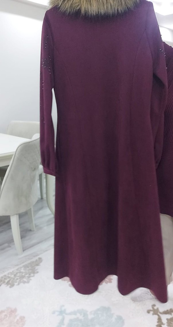 Bordo Düğmeli Uzun Kadın Kaban - Görsel 4