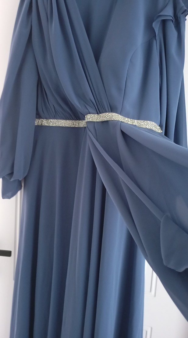 Uzun Mavi Drapeli Kadın Abiye Elbise - Görsel 2