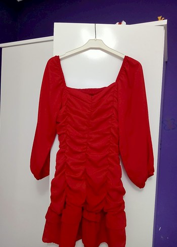 Kırmızı Mini Fırfırlı Keten Elbise - Görsel 3