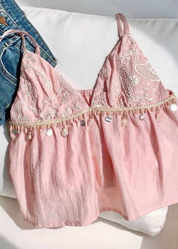 Pembe Nakışlı Dantel Detaylı Bohem Mini Atlet
