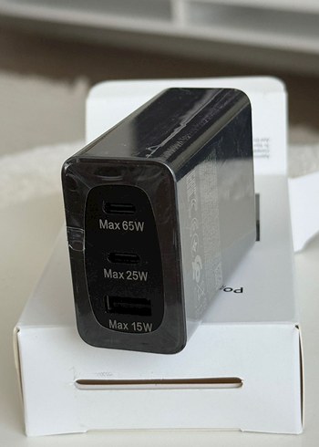 3 Portlu Siyah Telefon Şarj Cihazı, 65W Max hızlı şarj - Görsel 2