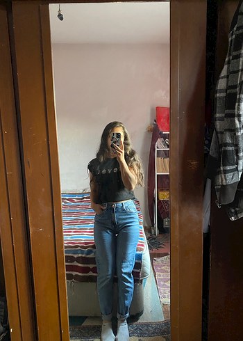 Kadın Siyah Batik Desenli Rahat Kesim Midi Jean