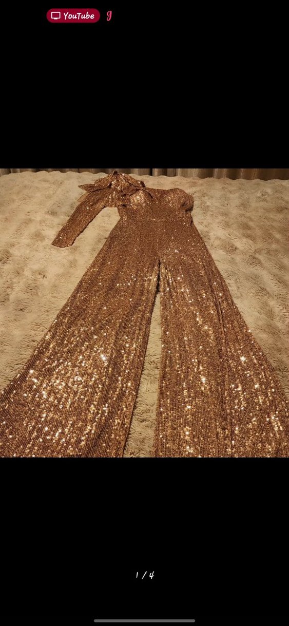 Uzun Kollu Parlak Altın Renk Drapeli Kadın abiye tulum - Görsel 4