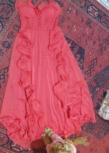 Kırmızı Uzun Volanlı Abiye Elbise - Görsel 5